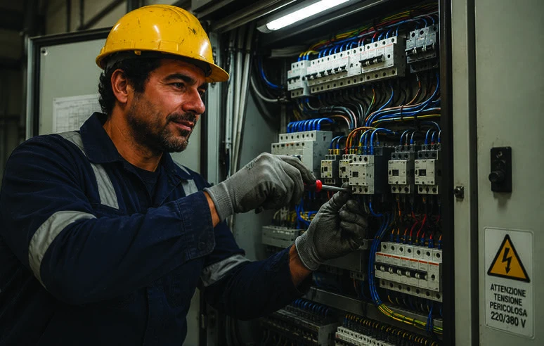 Tecnico con casco al controllo di un impianto