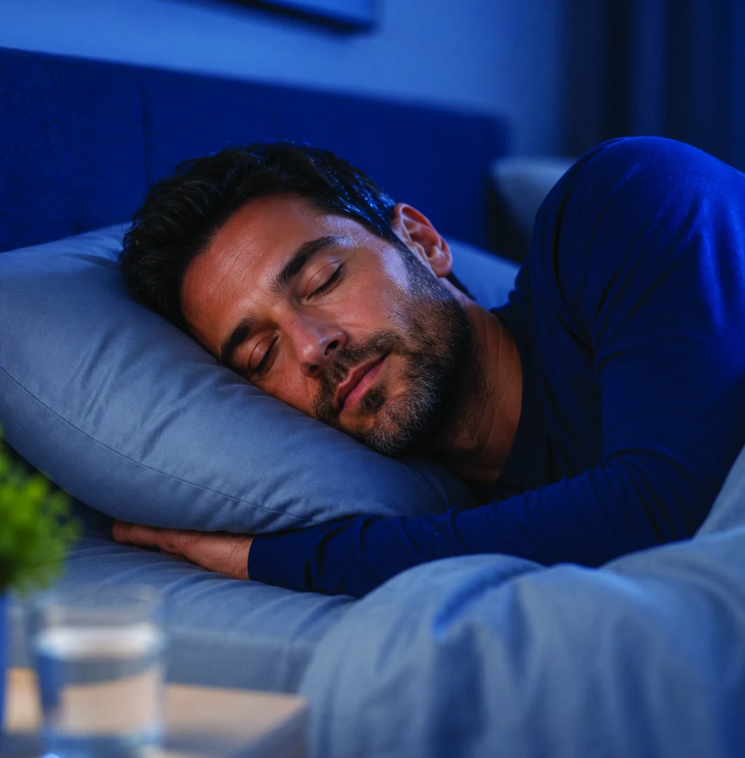 Un uomo riposa nel proprio letto